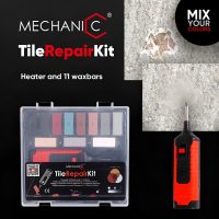 Professional Tile and Surface Repair Wax Kit displayed inside its dark carrying case, featuring a red soldering iron tool, multi-colored wax fill sticks, sand paper, and cleaning tools.