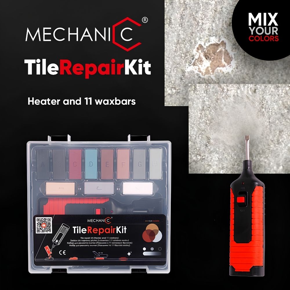 Professional Tile and Surface Repair Wax Kit displayed inside its dark carrying case, featuring a red soldering iron tool, multi-colored wax fill sticks, sand paper, and cleaning tools.